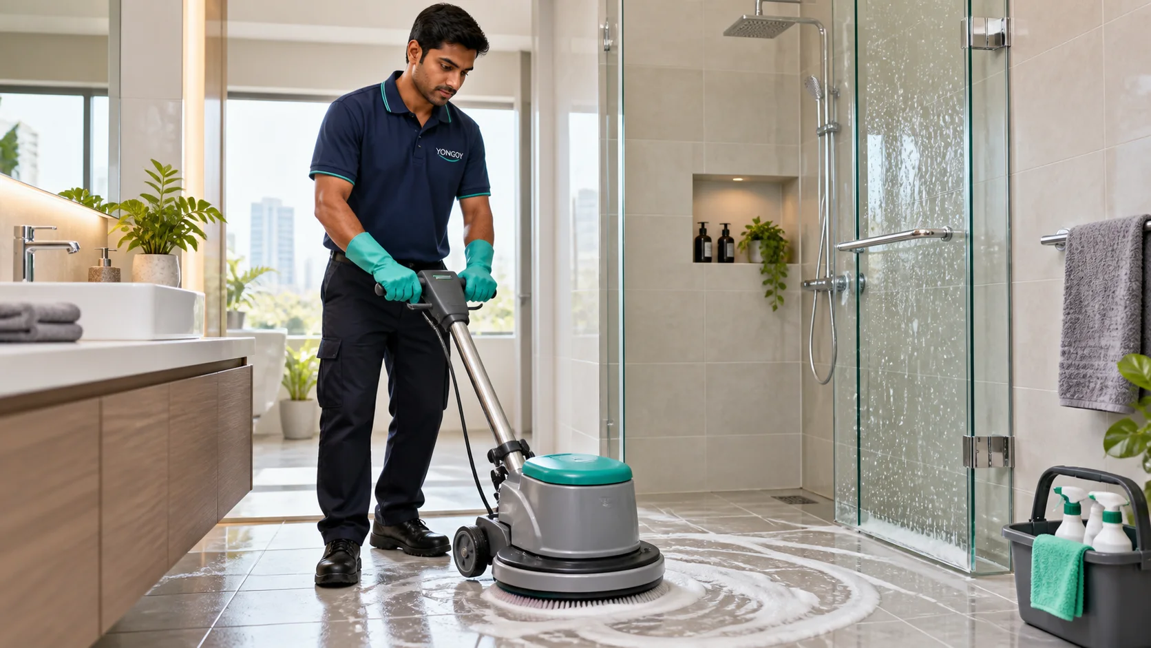 Indian Yongoy professional providing bathroom deep cleaning