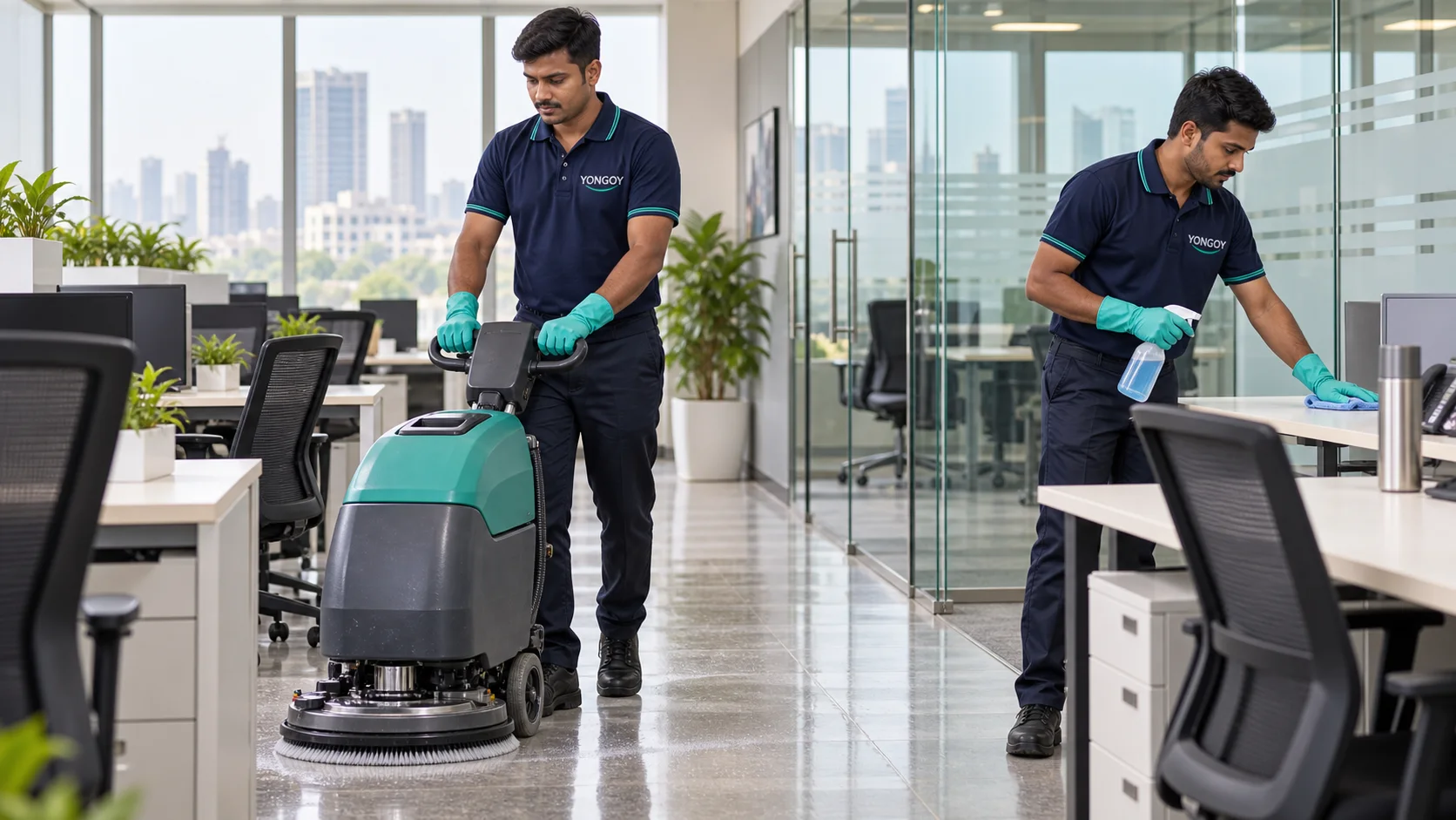 Indian Yongoy professionals cleaning a furnished commercial office