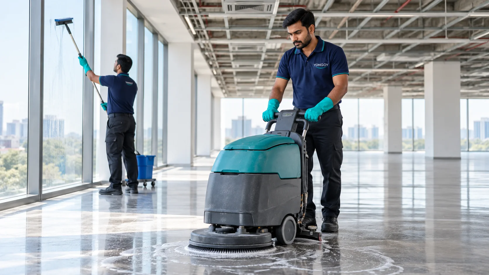 Indian Yongoy professionals cleaning an unfurnished commercial office