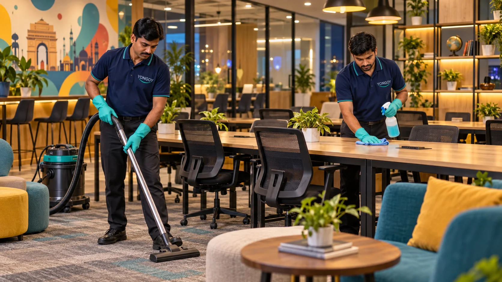 Indian Yongoy professionals cleaning a co-working space