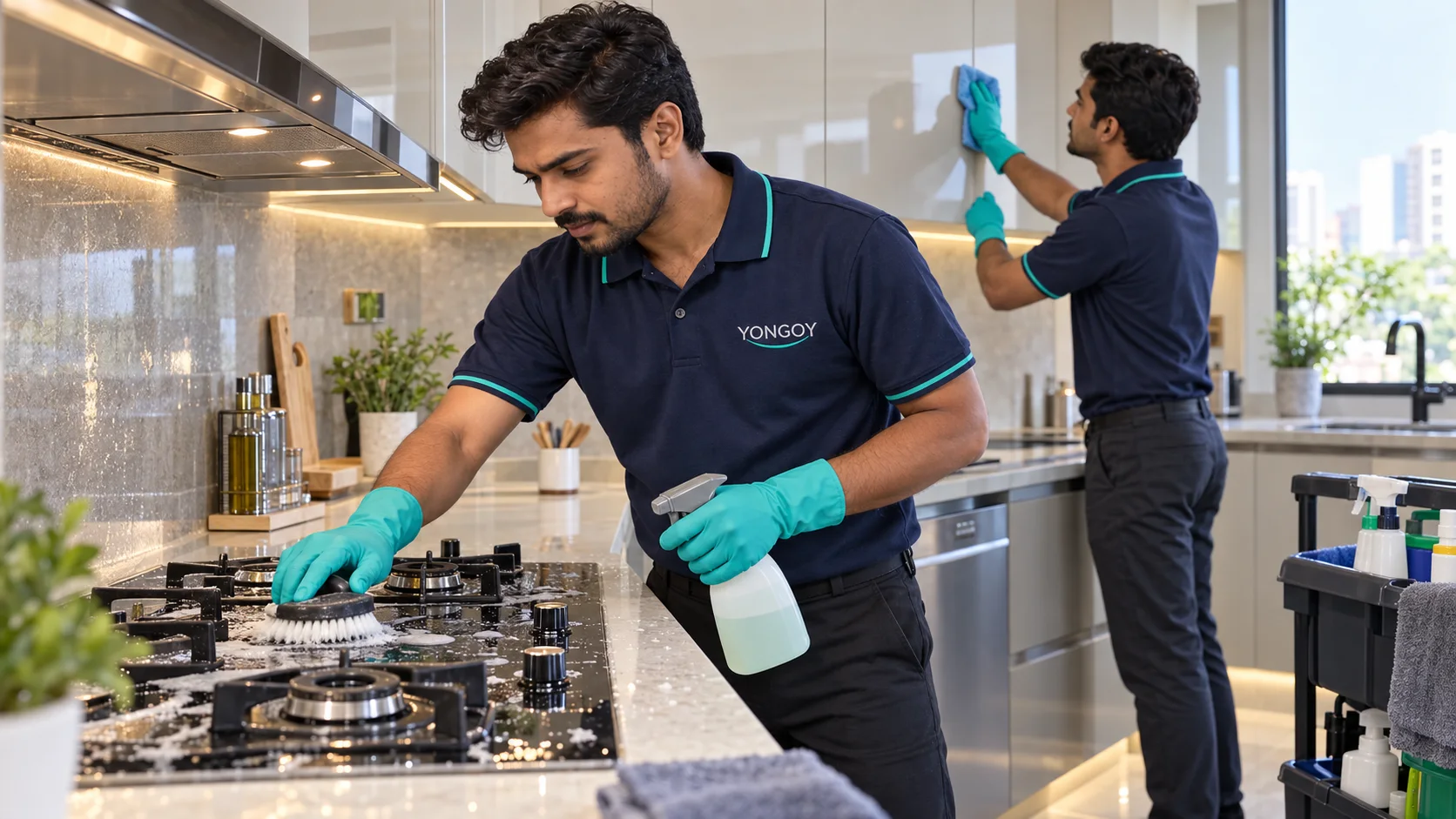 Indian Yongoy professionals providing kitchen deep cleaning