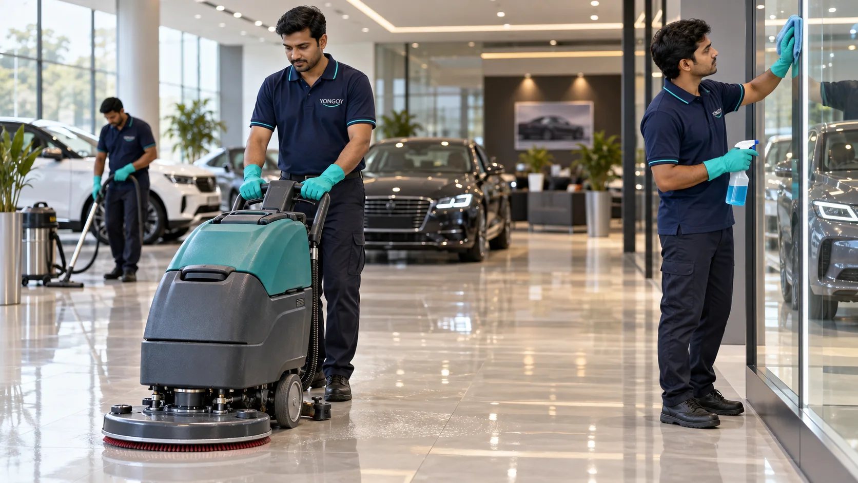 Indian Yongoy professionals providing showroom cleaning